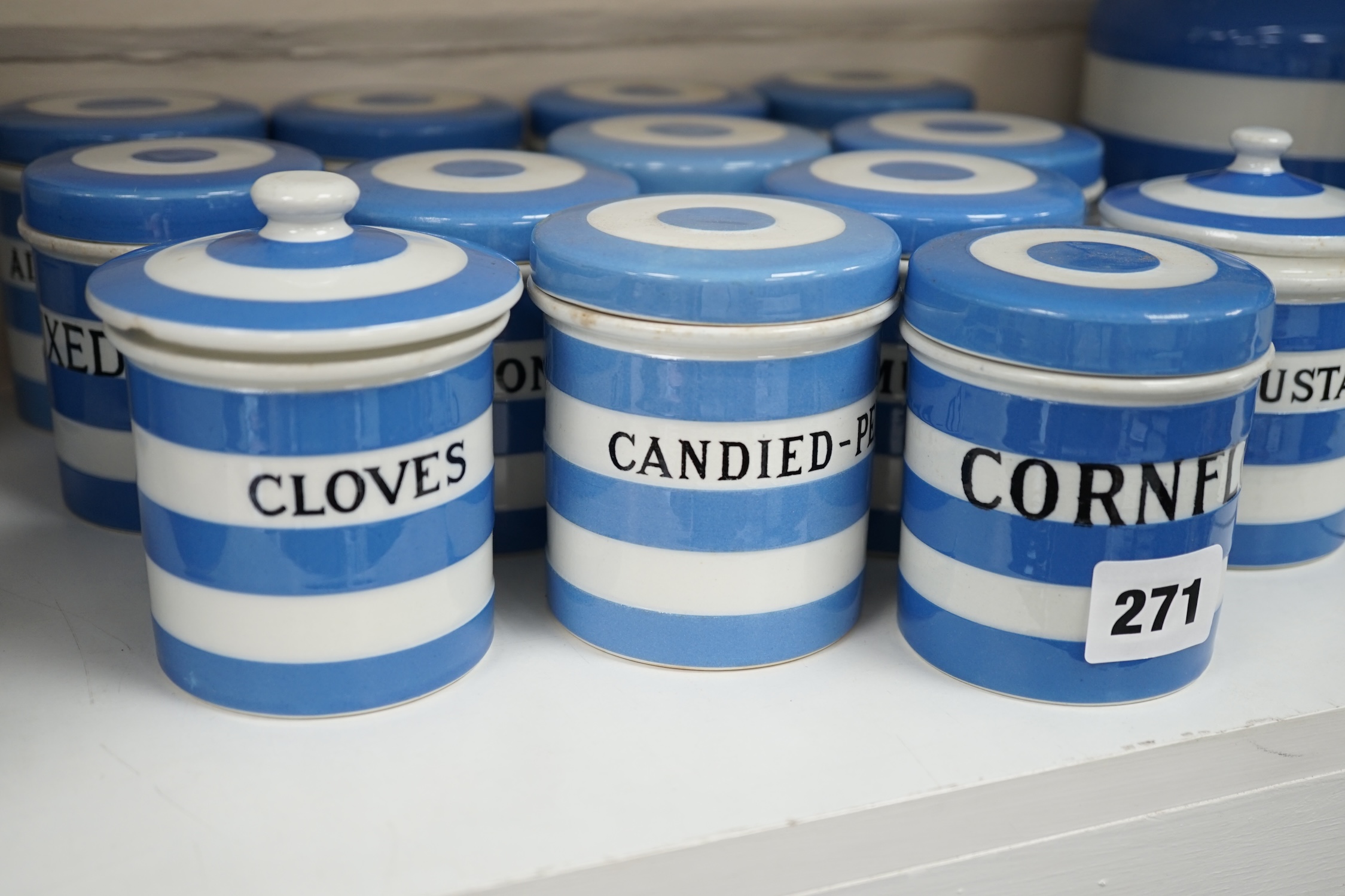 T.G.Green Cornish Kitchenware, thirteen 8.5cm lidded storage jars to include Ginger, Caraway-Seeds, Cream of Tartar, Cinnamon, Spice and Cloves, Black Shield marks, (lacks one lid and one a.f.) Condition - poor, fair and
